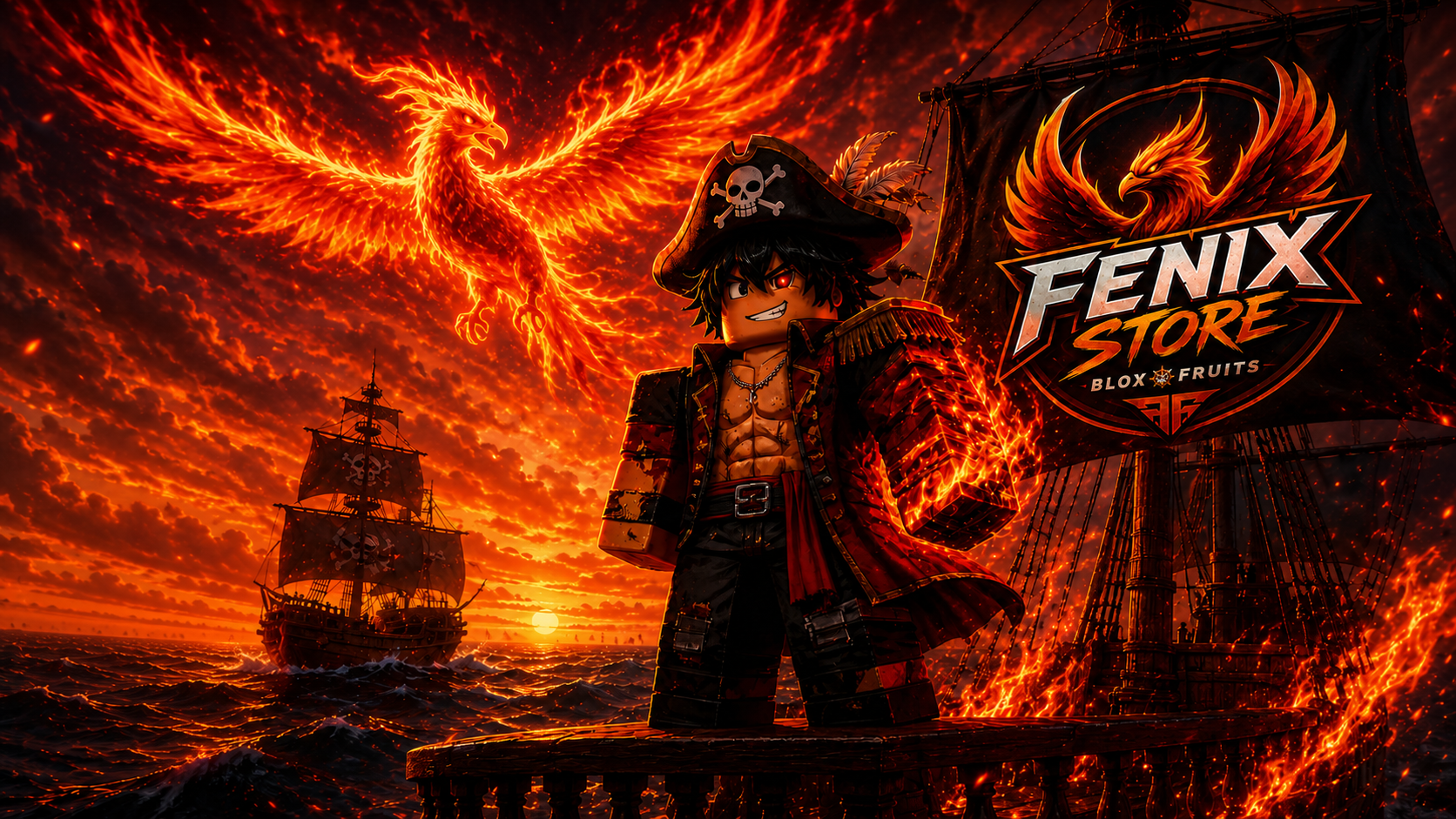 Pirata do Blox Fruits cercado por chamas em um navio, arte da Fenix Store